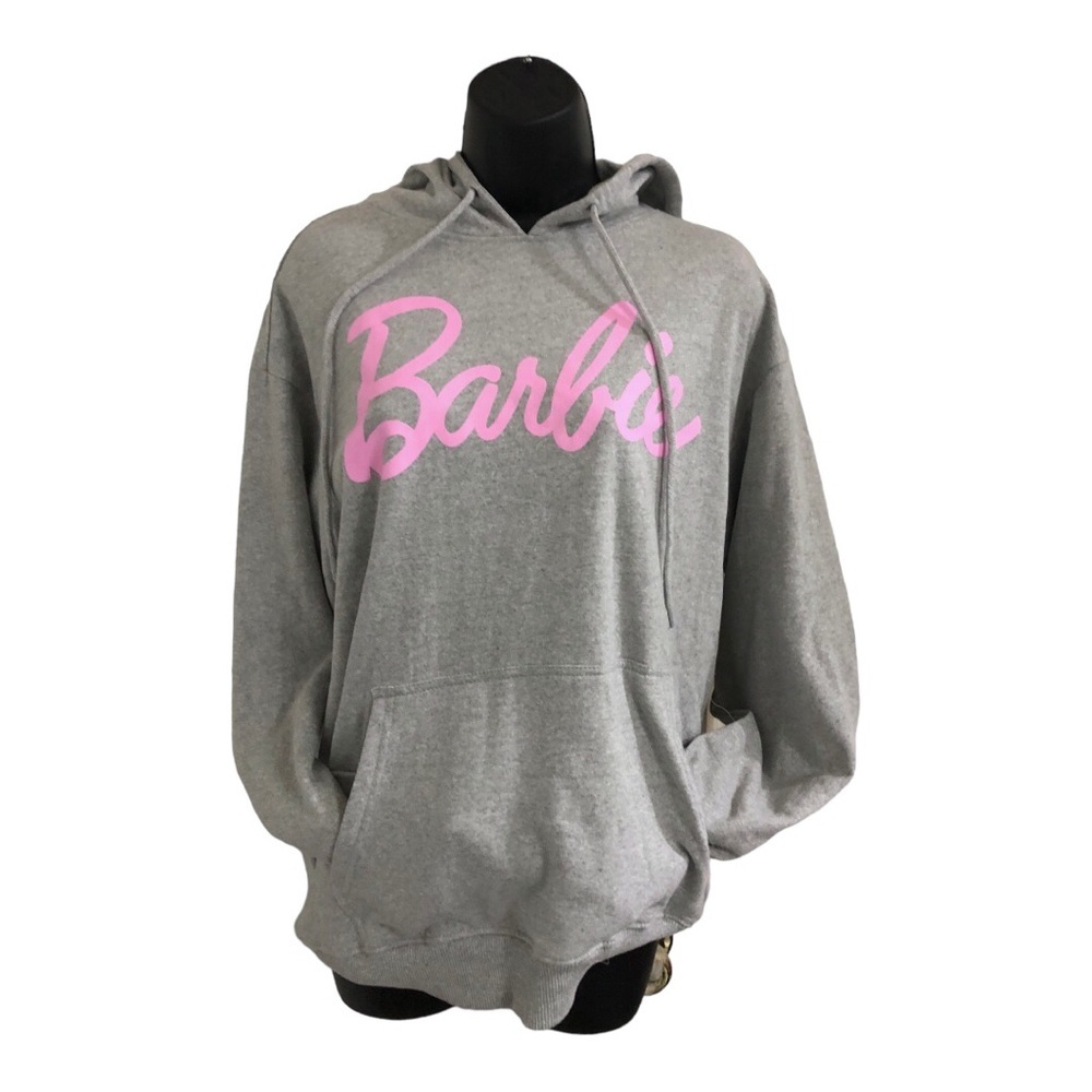 Barbie‎ grey pink Barbie monogram kangaroo pocket hoodie size medium new